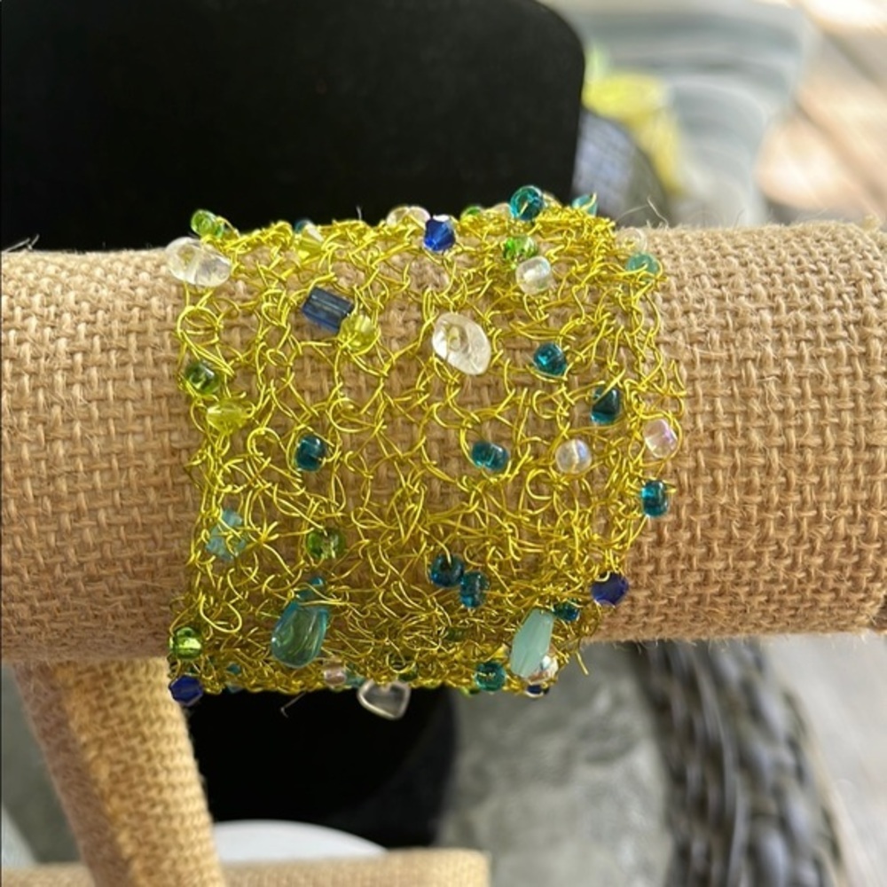 Wide Hand Knitted Green/gold  Wire with colorfull beads bracelet